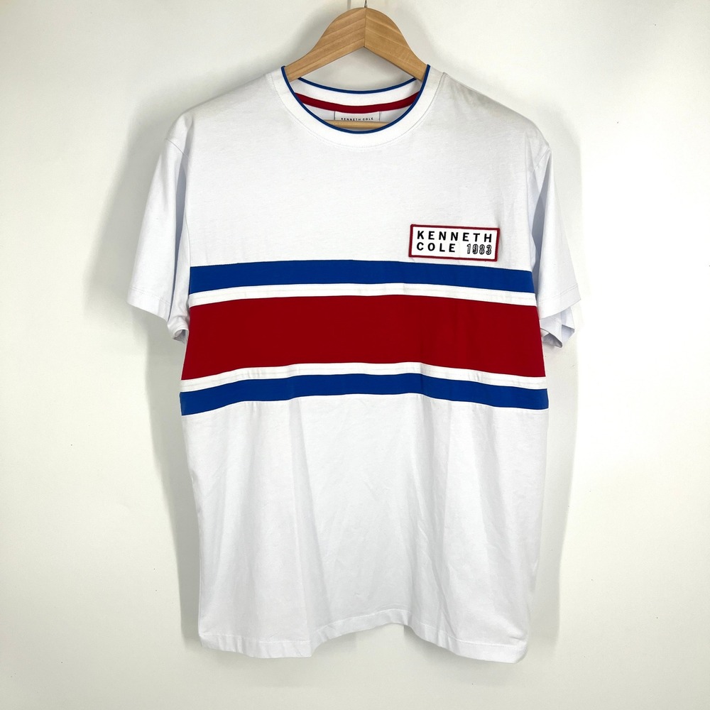 Kenneth Cole New York Mens White Red Blue Striped Logo Patch T-Shirt Size L NEW